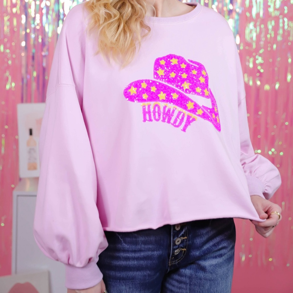 Peach Love Boutique Hot Pink Howdy Sequin Cowboy Hat Top NWOT